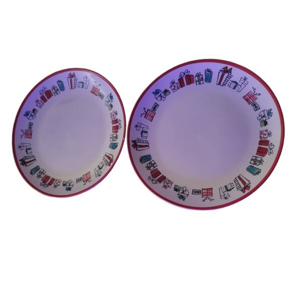 American Atelier Christmas Dinner Plates – Porcelain, 10.5",White Red Rim Set 2‎